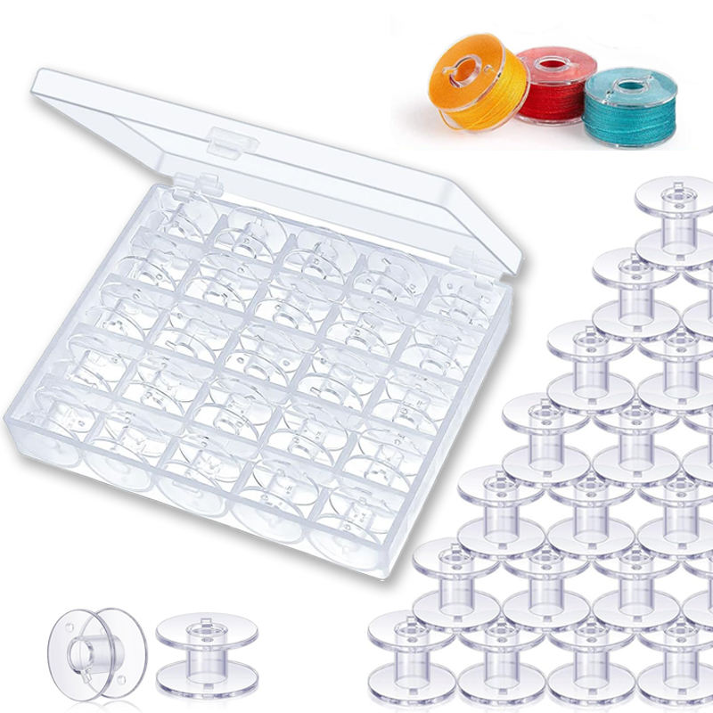 Embroidery Generator - 25 ชิ้นจักรเย็บผ้าบ้านด้ายด้านล่าง Bobbin ชุดอุปกรณ์เย็บผ้าพลาสติกใส Spools พร้อมกล่องเก็บสําหรับ