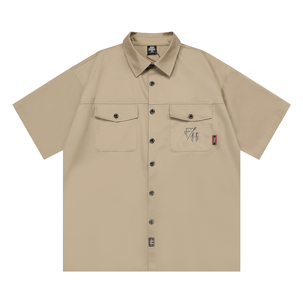 Embroidery Fonts - เสื้อเชิ้ตทรงหลวมสไตล์ชิคาโนชายฝั่งตะวันตก ปักลายดอกไม้ด้วยด้ายสีทอง แขนสั้น ทรงหลวมสำหรับผู้ชาย