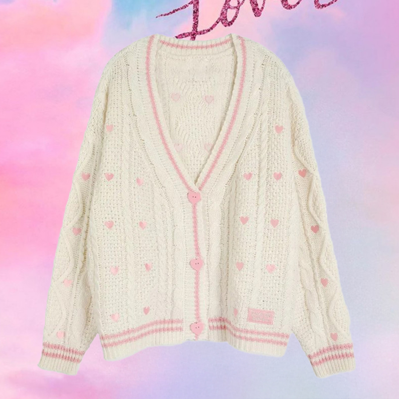 Embroidery Lovers - เสื้อคาร์ดิแกนลายปักหัวใจสีชมพู ปักติดด้วยผ้าเนื้อนุ่ม สไตล์น่ารัก ของที่ระลึกจากทัวร์ Lover Era